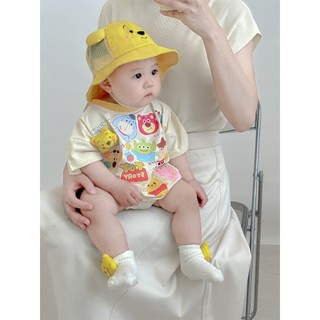 Bộ áo liền quần ngắn tay bé trai và bé gái Winnie the Pooh mùa hè mới 0-24 tháng tuổi sơ sinh