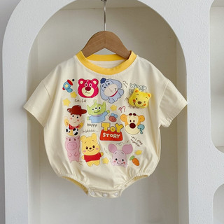 Bộ áo liền quần ngắn tay bé trai và bé gái Winnie the Pooh mùa hè mới 0-24 tháng tuổi sơ sinh