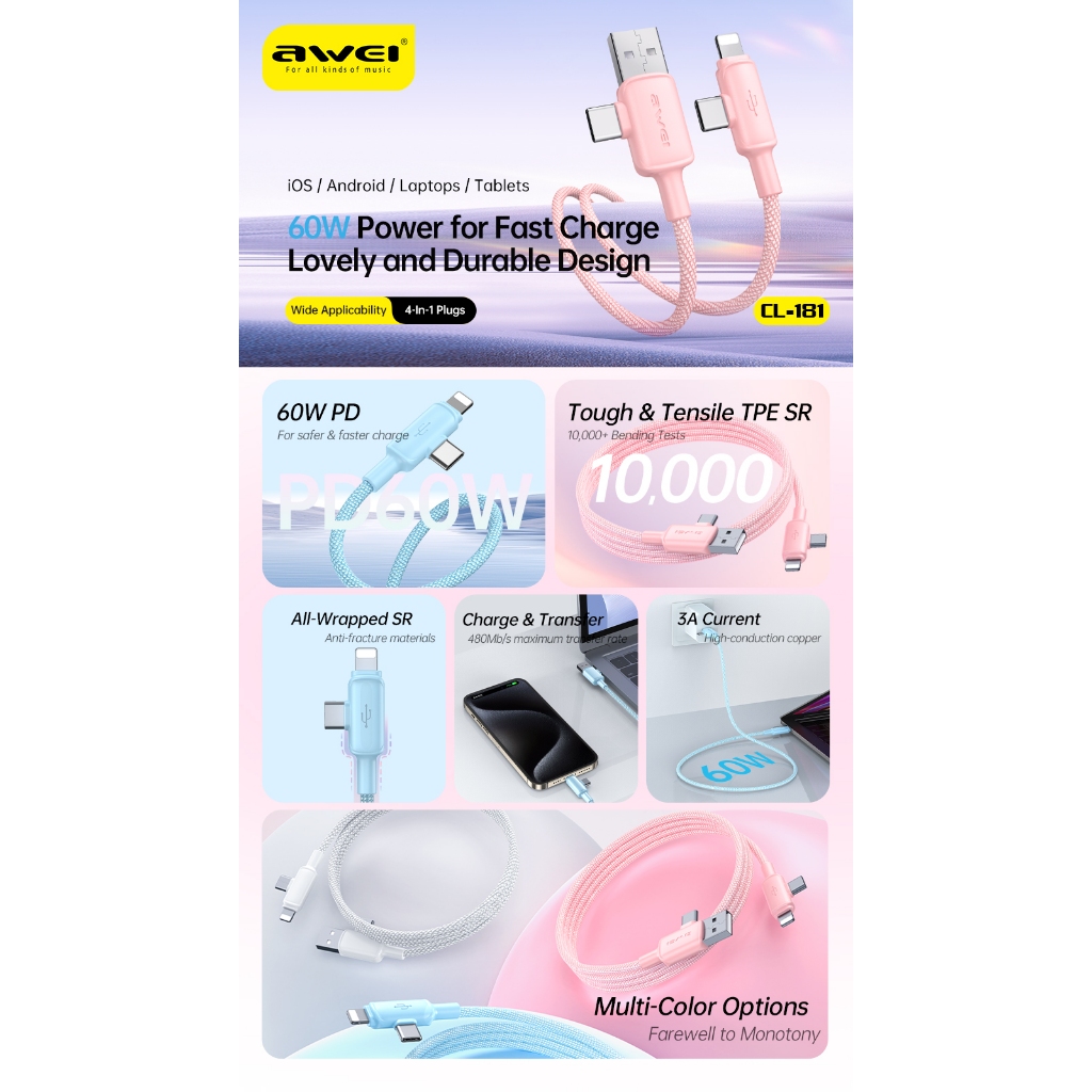 Ảnh Dây sạc type c Awei 60W sạc nhanh 4 trong 1 USB Type C Dây bện nylon 1M cho điện thoại Android 1