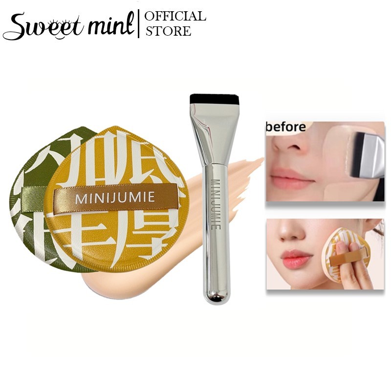 Minijumie Set Cọ Trang Điểm Lông Mềm Đầu Dẹt+Mút Trang Điểm Mềm Mịn Đàn Hồi Size Lớn