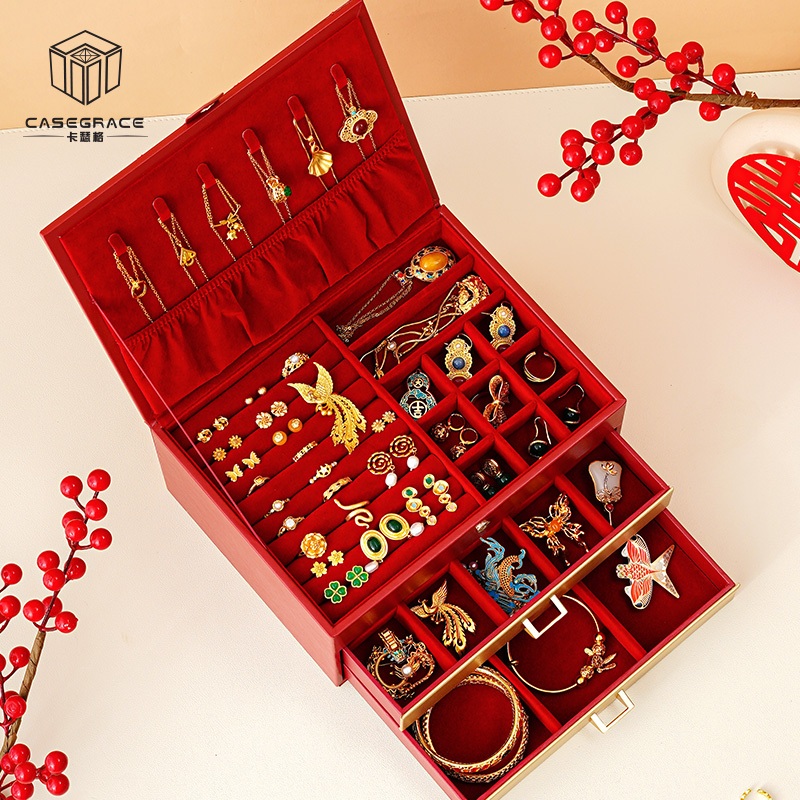 Casegrace Hộp trang sức nữ da PU 2 ngăn kéo, lớn, đựng vòng cổ/bông tai/nhẫn