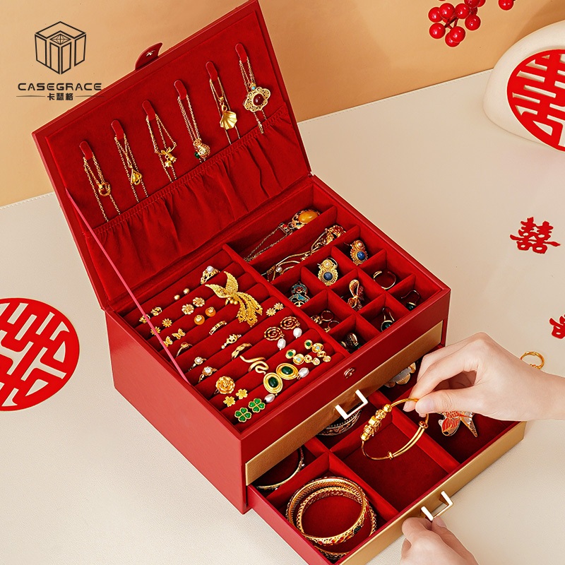 Casegrace Hộp trang sức nữ da PU 2 ngăn kéo, lớn, đựng vòng cổ/bông tai/nhẫn