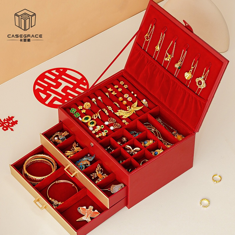 Casegrace Hộp trang sức nữ da PU 2 ngăn kéo, lớn, đựng vòng cổ/bông tai/nhẫn