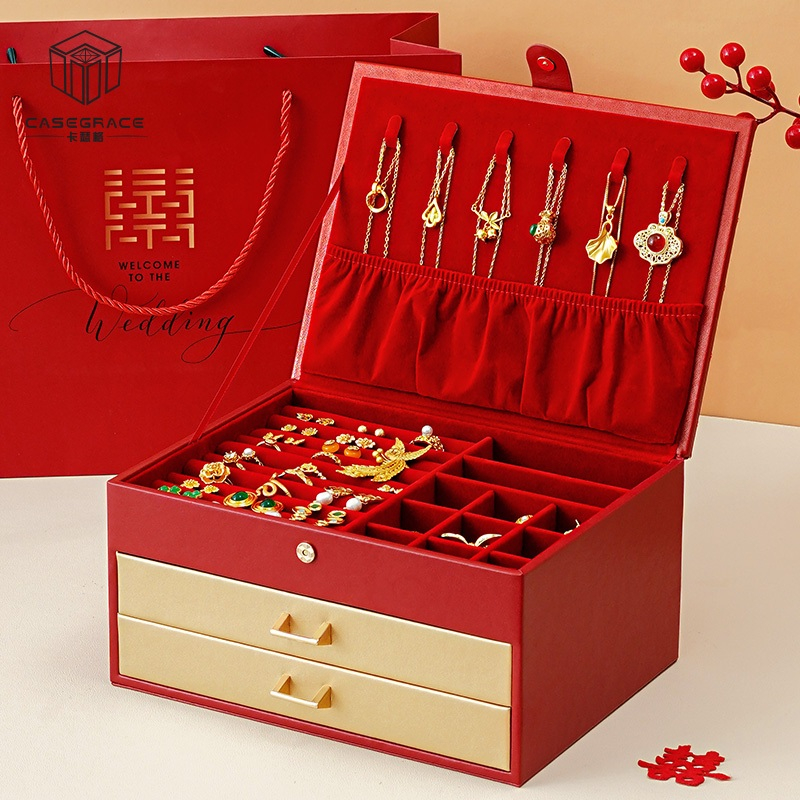 Casegrace Hộp trang sức nữ da PU 2 ngăn kéo, lớn, đựng vòng cổ/bông tai/nhẫn