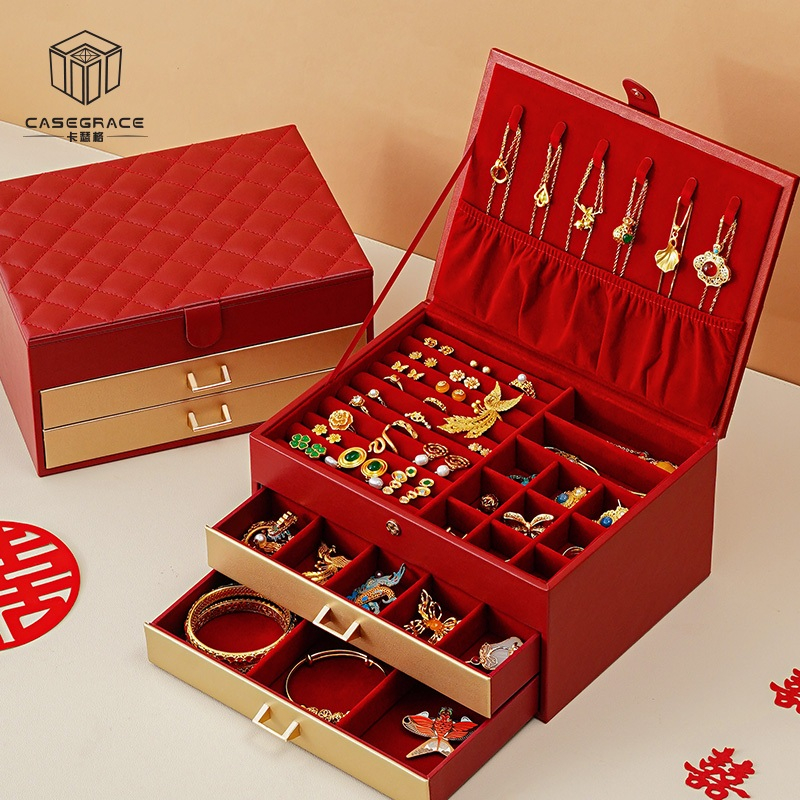 Casegrace Hộp trang sức nữ da PU 2 ngăn kéo, lớn, đựng vòng cổ/bông tai/nhẫn