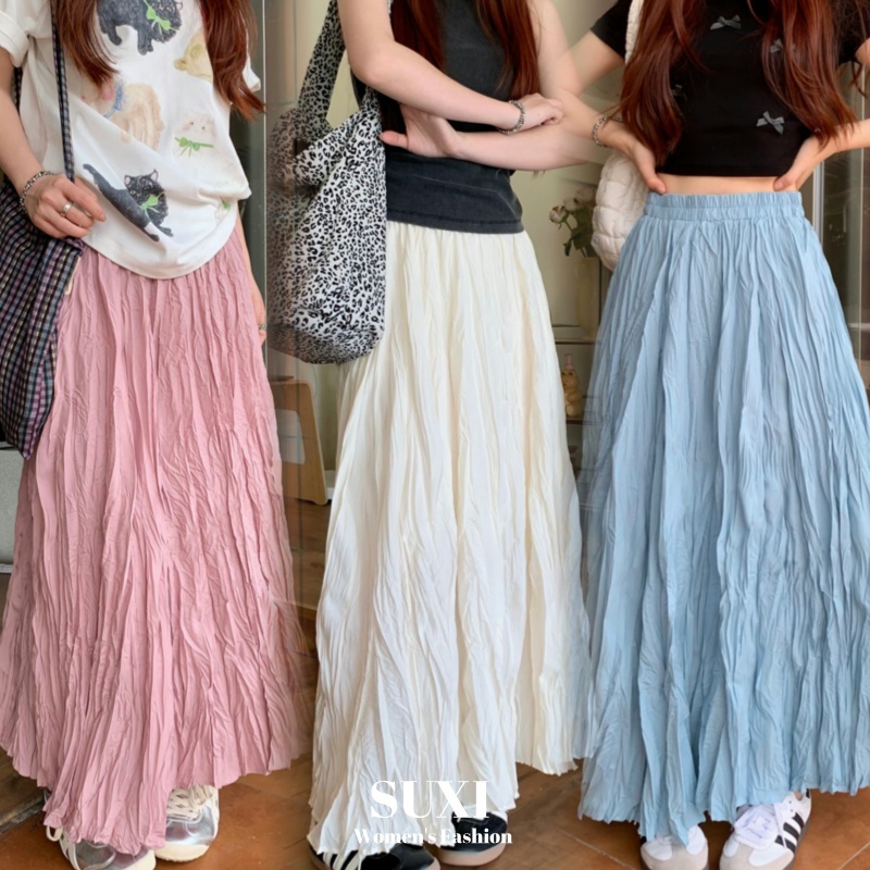 Suxi Thời Trang Mới Váy Maxi Mùa Hè Phong Cách Hàn Quốc Xếp Ly Nữ Midi Dài Váy Chữ A 240421