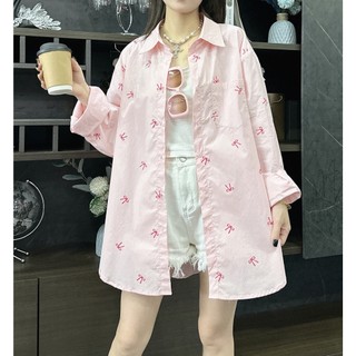 Phong Cách Hàn Quốc Nữ Nữ Rời Nơ In Oversize Baggy Áo Sơ Mi Tay Dài Áo Baju Baju Wanita Lengan Panjang