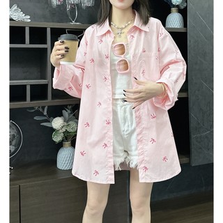 Phong Cách Hàn Quốc Nữ Nữ Rời Nơ In Oversize Baggy Áo Sơ Mi Tay Dài Áo Baju Baju Wanita Lengan Panjang
