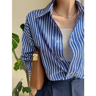 Phong Cách Hàn Quốc Nữ Nữ Sọc Rời Quá Khổ Baggy Áo Sơ Mi Tay Dài Baju Baju Wanita Lengan Panjang Hàng Mới Sẵn Có