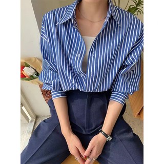 Phong Cách Hàn Quốc Nữ Nữ Sọc Rời Quá Khổ Baggy Áo Sơ Mi Tay Dài Baju Baju Wanita Lengan Panjang Hàng Mới Sẵn Có