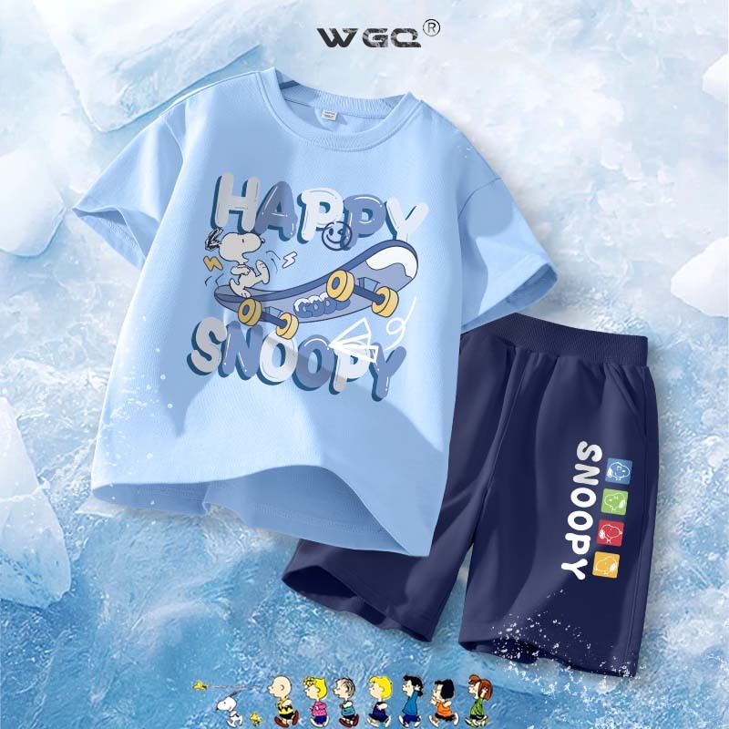 [110cm-160cm] Snoopy Quần áo trẻ em Áo thun bé trai Quần Short ngắn tay Bộ đồ thể thao hoạt hình Cotton nguyên chất mùa hè