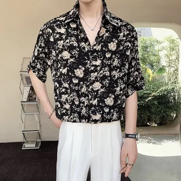 Cao Cấp Ánh Sáng Sang Trọng Áo Sơ Mi Hoa Tay Ngắn Nam Mùa Hè Băng Lụa Drap Cảm Giác Đẹp Trai Nửa Tay Áo Sơ Mi Nam Phiên Bản Hàn Quốc Hợp Thời Trang Thường Ngày Nửa Tay Áo Sơ Mi Inch Nam
