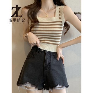 ZHELIHANGFEI Pháp Ngọt Cay Ngắn Đáy Dệt Kim Sọc Camisole Nữ Bên Trong Mặc Bên Ngoài Không Tay Nhỏ Top