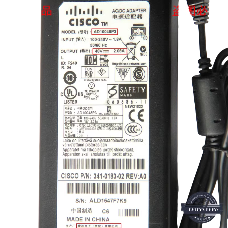 Bộ sạc chuyển đổi AC AD10048P3 48V 2.08A đã qua sử dụng cho CISCO ASA5505 Wlc2106 Wlc2112 Bộ nguồn tường lửa ​341-0183-PWR-5505