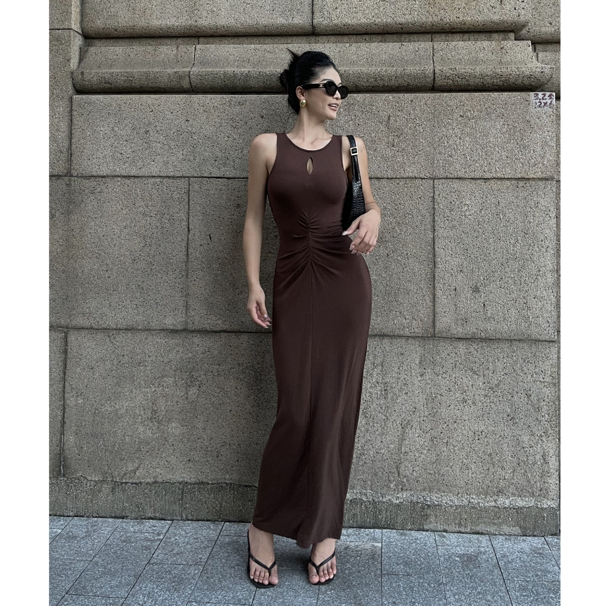 Siêu Đẹp ~ Hot Girl Không Tay Màu Tím Xếp Ly Váy Cao Cấp Rỗng Sang Trọng Drap Cảm Giác Váy Dài hông Thiết Kế Cảm Giác Tinh Khiết Khát Vọng Gợi Cảm Slim-fit Nhìn Ôm Hơn Váy Một Mảnh Sche