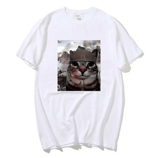 Thousand Yard Stare Mèo Vui Meme Áo Sơ Mi Nam Nữ Thời Trang Áo Thun Tay Ngắn Cotton Quá Khổ Áo Thun Dạo Phố