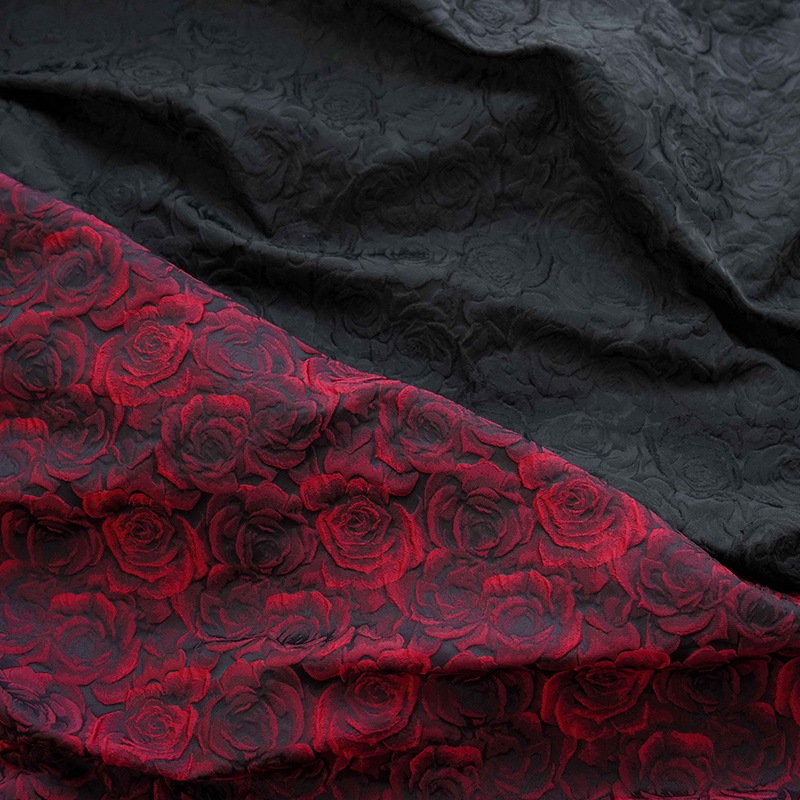 Vải Jacquard Đỏ Đậm Hoa Hồng Đen Sợi Nhuộm Nổi Vải 50x150cm Hàng Có Sẵn Cho Đầm Phù Hợp Với Túi DIY May TJ7517