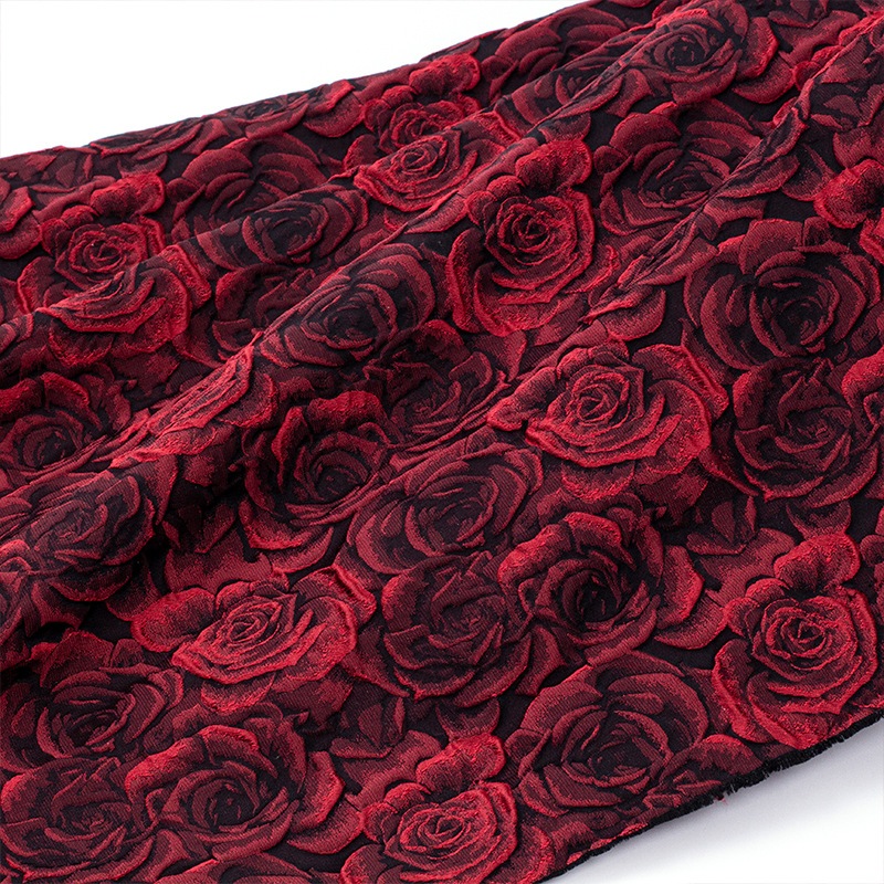 Vải Jacquard Đỏ Đậm Hoa Hồng Đen Sợi Nhuộm Nổi Vải 50x150cm Hàng Có Sẵn Cho Đầm Phù Hợp Với Túi DIY May TJ7517