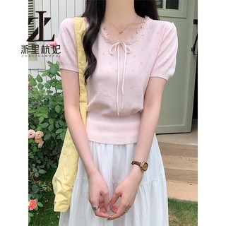 ZHELIHANGFEI Dệt Kim Pháp Ren Cạnh Bé Màu Xanh Nguyên Chất Desire Hẹp Vai Trang Trọng Tay Ngắn Thiết Kế Nữ Rỗng