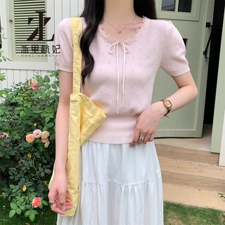 ZHELIHANGFEI Dệt Kim Pháp Ren Cạnh Bé Màu Xanh Nguyên Chất Desire Hẹp Vai Trang Trọng Tay Ngắn Thiết Kế Nữ Rỗng