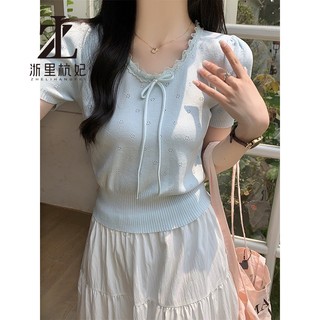 ZHELIHANGFEI Dệt Kim Pháp Ren Cạnh Bé Màu Xanh Nguyên Chất Desire Hẹp Vai Trang Trọng Tay Ngắn Thiết Kế Nữ Rỗng