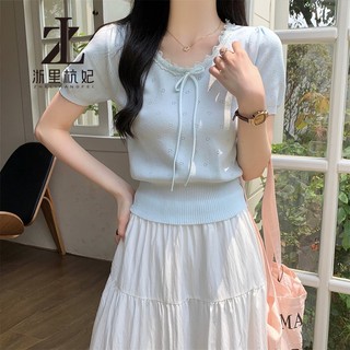 ZHELIHANGFEI Dệt Kim Pháp Ren Cạnh Bé Màu Xanh Nguyên Chất Desire Hẹp Vai Trang Trọng Tay Ngắn Thiết Kế Nữ Rỗng