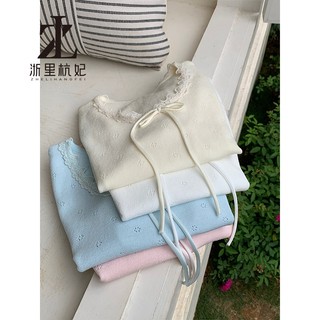 ZHELIHANGFEI Dệt Kim Pháp Ren Cạnh Bé Màu Xanh Nguyên Chất Desire Hẹp Vai Trang Trọng Tay Ngắn Thiết Kế Nữ Rỗng