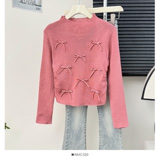 Phong Cách Hàn Quốc Nữ Nữ Rời Dệt Kim Nơ Áo Sơ Mi Tay Dài Áo Baju Baju Wanita Lengan Panjang Áo