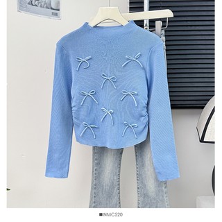 Phong Cách Hàn Quốc Nữ Nữ Rời Dệt Kim Nơ Áo Sơ Mi Tay Dài Áo Baju Baju Wanita Lengan Panjang Áo
