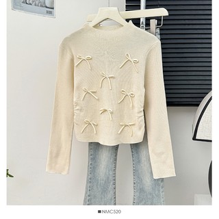 Phong Cách Hàn Quốc Nữ Nữ Rời Dệt Kim Nơ Áo Sơ Mi Tay Dài Áo Baju Baju Wanita Lengan Panjang Áo