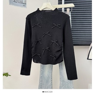 Phong Cách Hàn Quốc Nữ Nữ Rời Dệt Kim Nơ Áo Sơ Mi Tay Dài Áo Baju Baju Wanita Lengan Panjang Áo