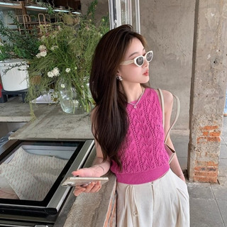 Áo hai dây dệt kim áo màu hồng ngắn không tay cổ tròn mùa hè cho nữ