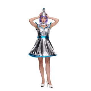 Nữ Cao Cấp Không Gian Cadet Trang Phục Cặp Đôi Bạc Kim Loại Robot Halloween Trang Phục Nữ Carnival Đảng Ngộ nghĩnh Ngoài Hành Tinh Phi Hành Gia Cosplay Đầm