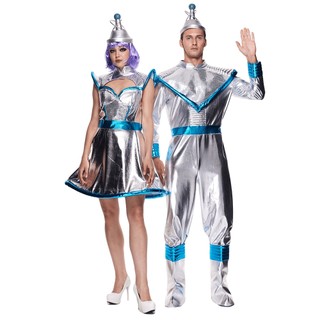 Nữ Cao Cấp Không Gian Cadet Trang Phục Cặp Đôi Bạc Kim Loại Robot Halloween Trang Phục Nữ Carnival Đảng Ngộ nghĩnh Ngoài Hành Tinh Phi Hành Gia Cosplay Đầm