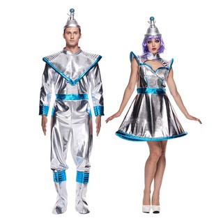 Nữ Cao Cấp Không Gian Cadet Trang Phục Cặp Đôi Bạc Kim Loại Robot Halloween Trang Phục Nữ Carnival Đảng Ngộ nghĩnh Ngoài Hành Tinh Phi Hành Gia Cosplay Đầm