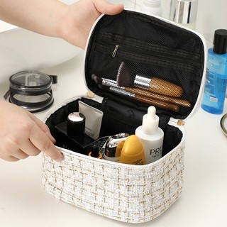Túi đựng đồ trang điểm vải tweed sức chứa lớn phong cách dành cho nữ makeup bag【Chiosala12】