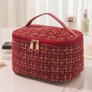 Túi đựng đồ trang điểm vải tweed sức chứa lớn phong cách dành cho nữ makeup bag【Chiosala12】