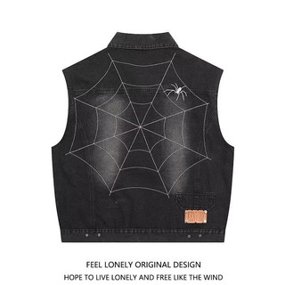 Áo vest denim nam ESEA kiểu Mỹ cổ điển dáng rộng giản dị mát mẻ phong cách hip-hop áo ghi lê không tay nhện