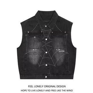 Áo vest denim nam ESEA kiểu Mỹ cổ điển dáng rộng giản dị mát mẻ phong cách hip-hop áo ghi lê không tay nhện