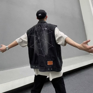Áo vest denim nam ESEA kiểu Mỹ cổ điển dáng rộng giản dị mát mẻ phong cách hip-hop áo ghi lê không tay nhện