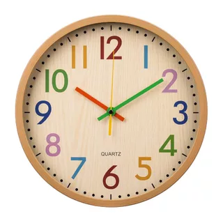 Đồng Hồ Treo Tường Trẻ Em Im Lặng 12 Inch Không Đóng Đinh Kết Cấu Gỗ Hoạt Động Bằng Pin Đồng Hồ Trẻ Em Đầy Màu Sắc Cho Lớp Học, Phòng Chơi, Phòng Ngủ Mẫu Giáo, Phòng Trẻ Em, Trường Học