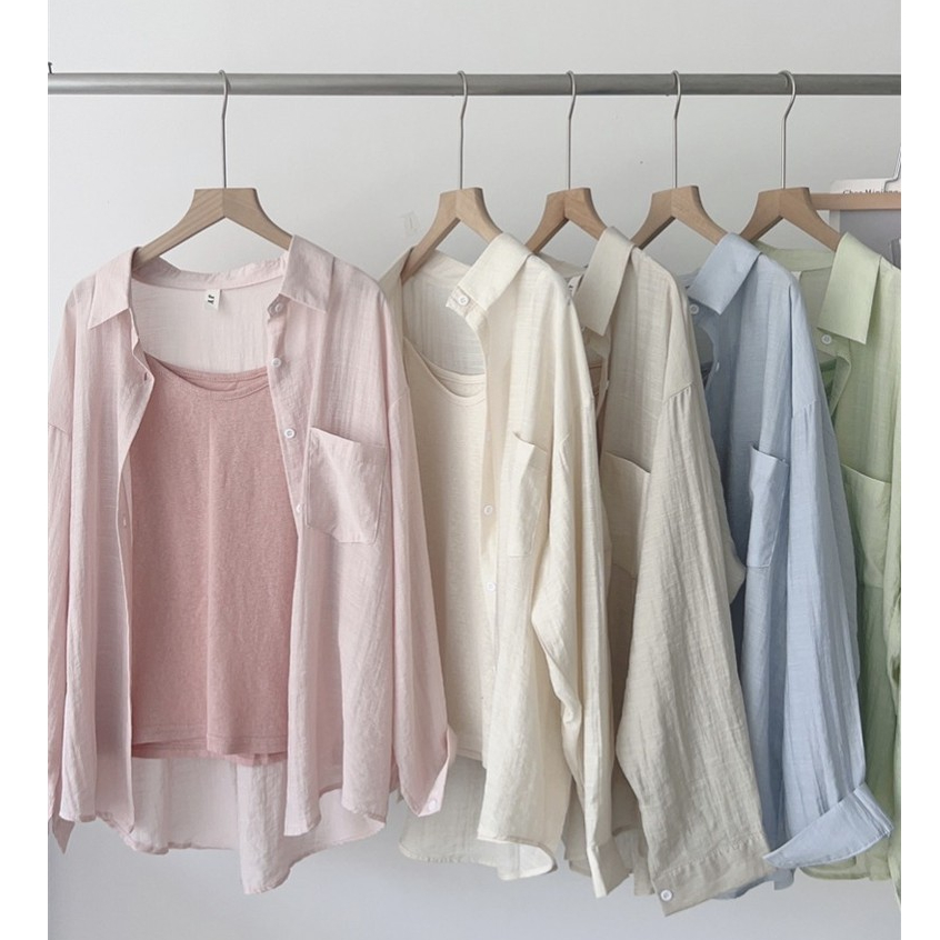 Suxi Đơn Giản Màu Trơn Thường Ngày Mới Rời Cổ Thời Trang Áo Sơ Mi Tay Dài Nữ Top 240709