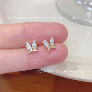 Bông tai titan cao cấp không gỉ mạ vàng 24k hình tai thỏ xinh xắn đáng yêu đính đá lấp lánh dành cho nữ