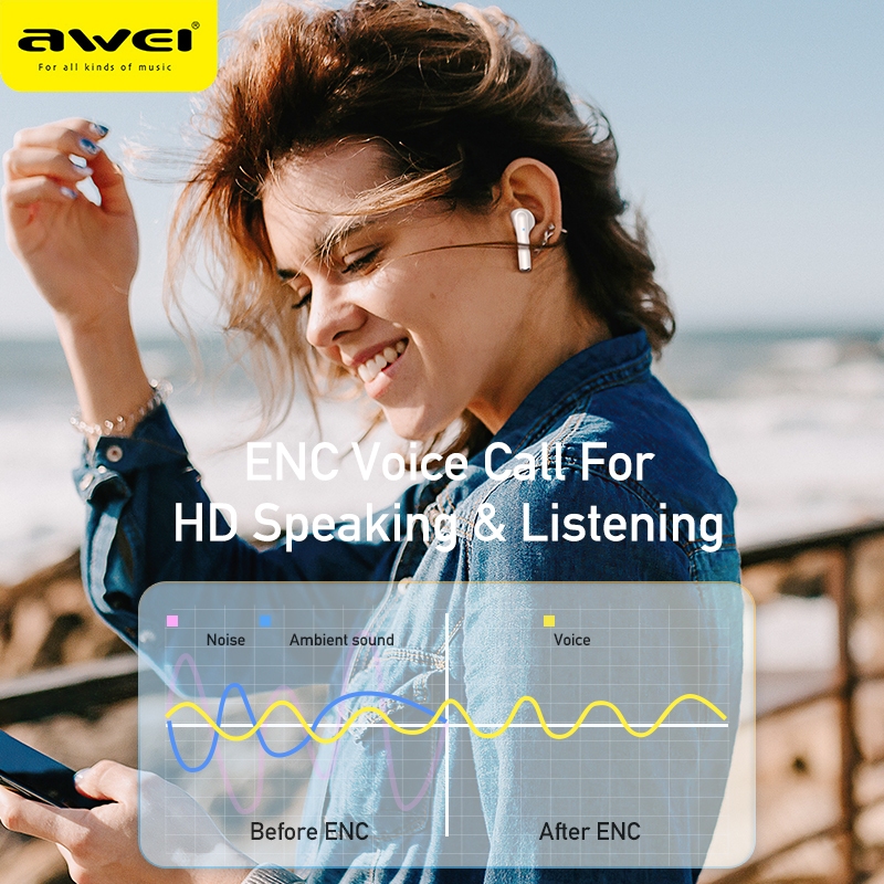 Ảnh Tai nghe không dây AWEI T61 chống ồn ENC TWS 5.3 Chống Nước IPX6 có Mic HD cảm ứng thông minh Âm Thanh HIFI 4