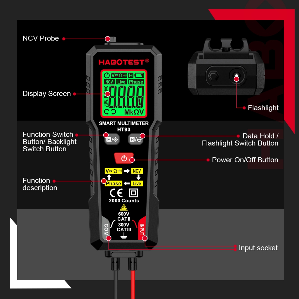 （vận chuyển trong vòng 24 giờ）HABOTEST HT93 Đồng hồ vạn năng kỹ thuật số AC / DC hiện tại bỏ phiếu Máy kiểm tra tự động 2000 Đếm Ohm Đồng hồ đo dòng điện