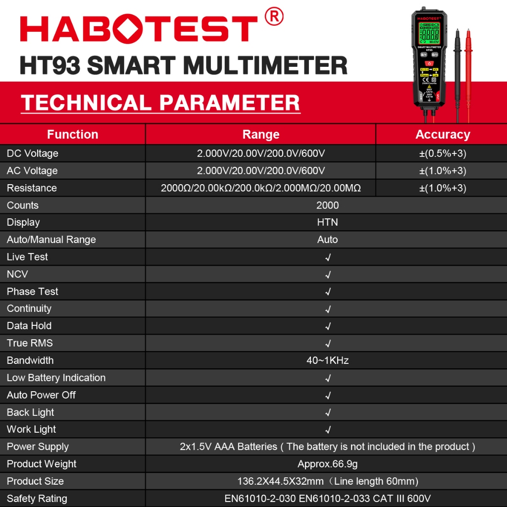 （vận chuyển trong vòng 24 giờ）HABOTEST HT93 Đồng hồ vạn năng kỹ thuật số AC / DC hiện tại bỏ phiếu Máy kiểm tra tự động 2000 Đếm Ohm Đồng hồ đo dòng điện
