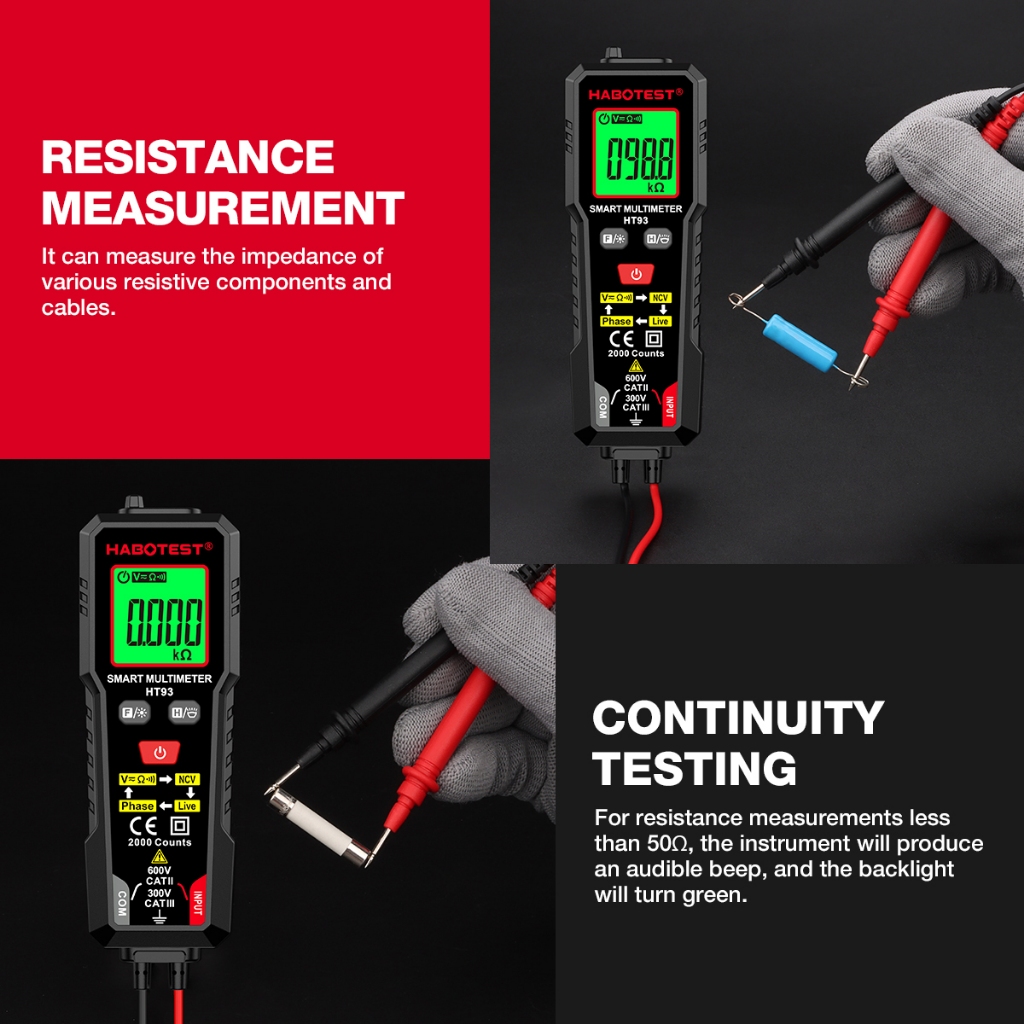 （vận chuyển trong vòng 24 giờ）HABOTEST HT93 Đồng hồ vạn năng kỹ thuật số AC / DC hiện tại bỏ phiếu Máy kiểm tra tự động 2000 Đếm Ohm Đồng hồ đo dòng điện