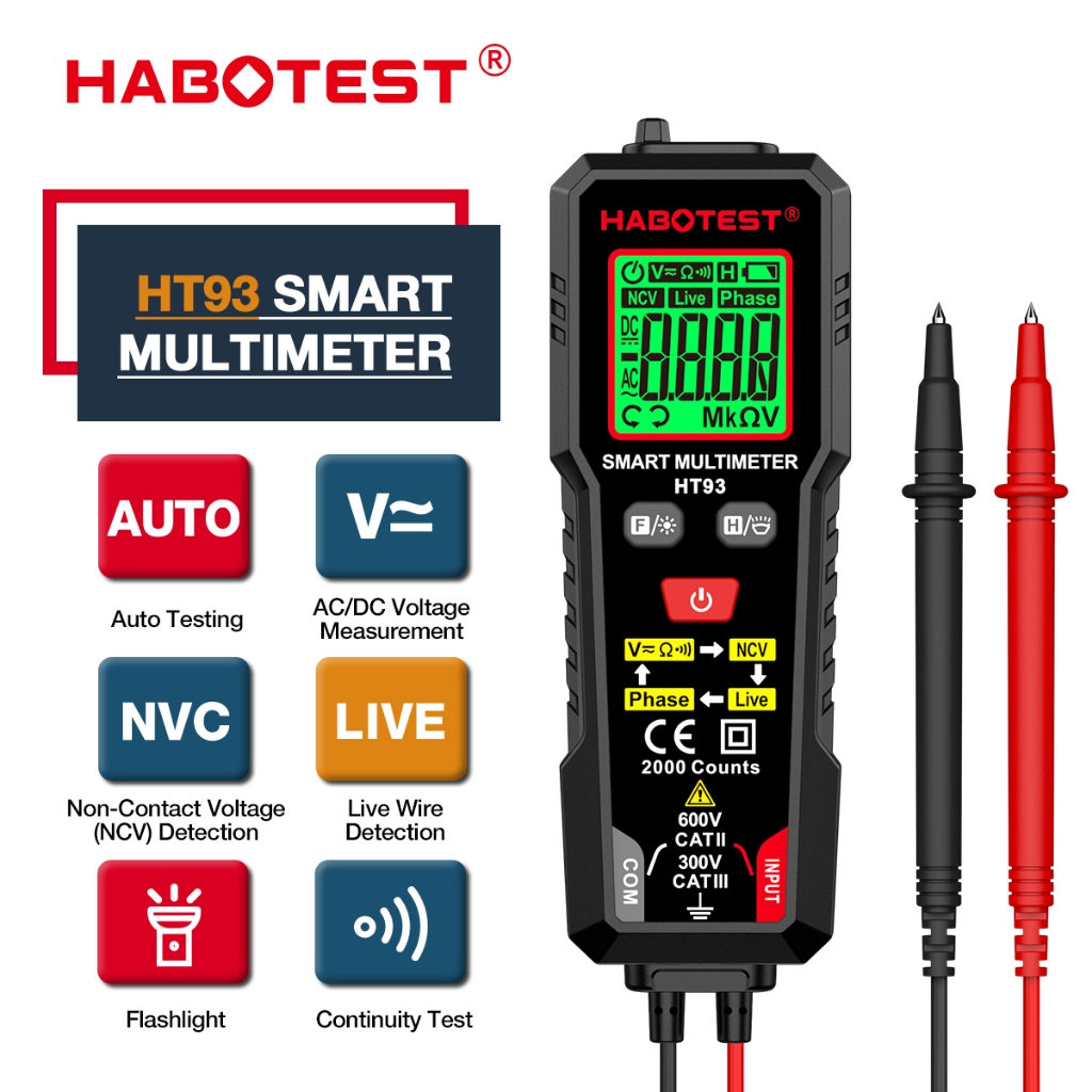 （vận chuyển trong vòng 24 giờ）HABOTEST HT93 Đồng hồ vạn năng kỹ thuật số AC / DC hiện tại bỏ phiếu Máy kiểm tra tự động 2000 Đếm Ohm Đồng hồ đo dòng điện