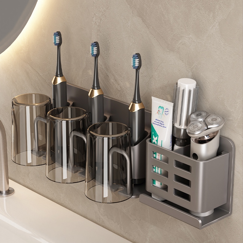 Guanchuang Giá để bàn chải đánh răng điện đa chức năng, giá để đồ bằng nhôm, lắp đặt không cần khoan