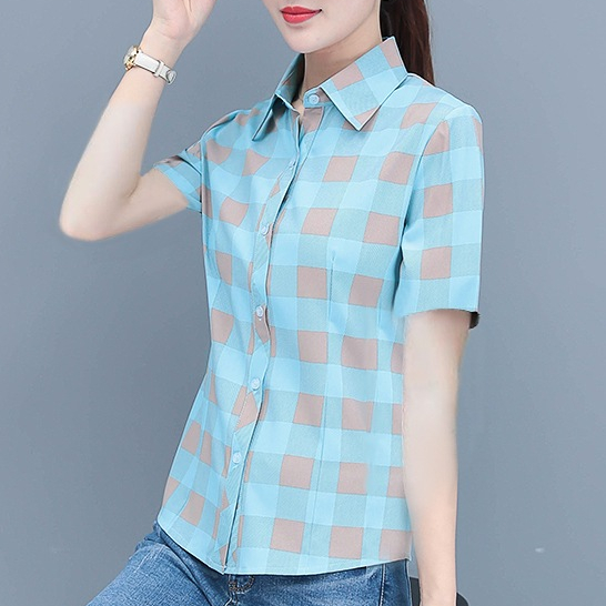 Áo Sơ Mi Kẻ Sọc Đỏ Vàng Nữ Tay Ngắn Áo Sơ Mi Nữ Đáy Top